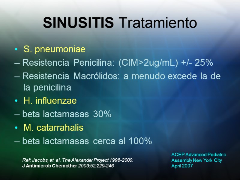 SINUSITIS Tratamiento S. pneumoniae – Resistencia Penicilina: (CIM>2ug/mL) +/- 25% – Resistencia Macrólidos: a